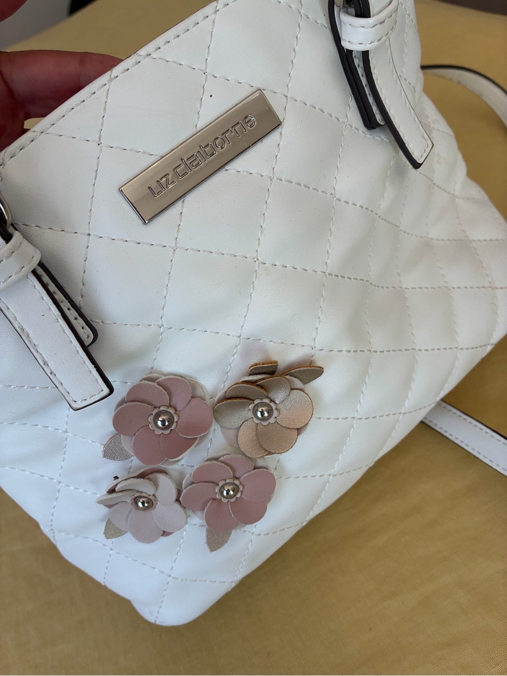 Liz Claiborne White Quilted Shoulder Bag with Pink & Tan Floral Appliques
